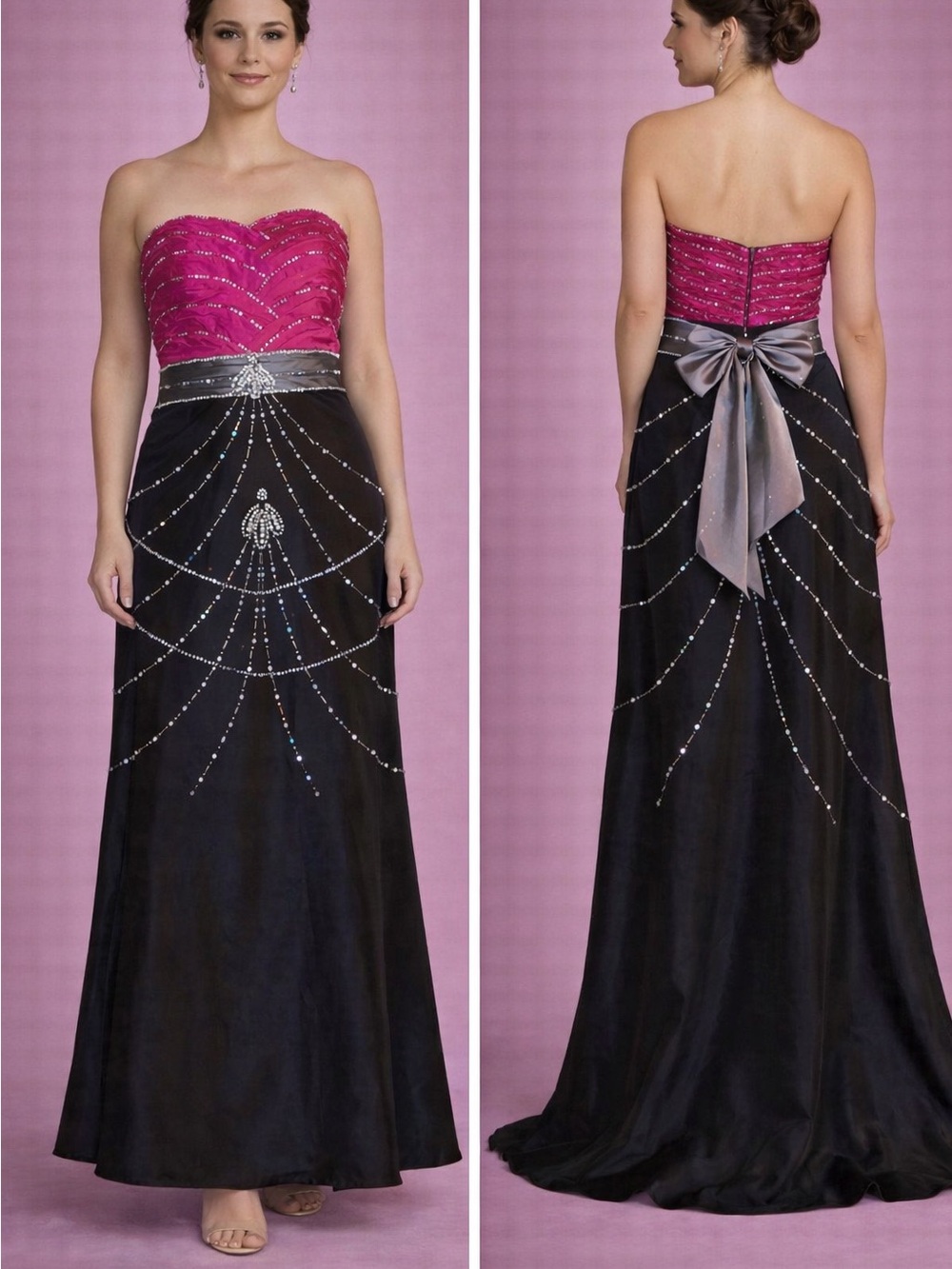 Strapless Fuchsia and Black Beaded Evening Gown